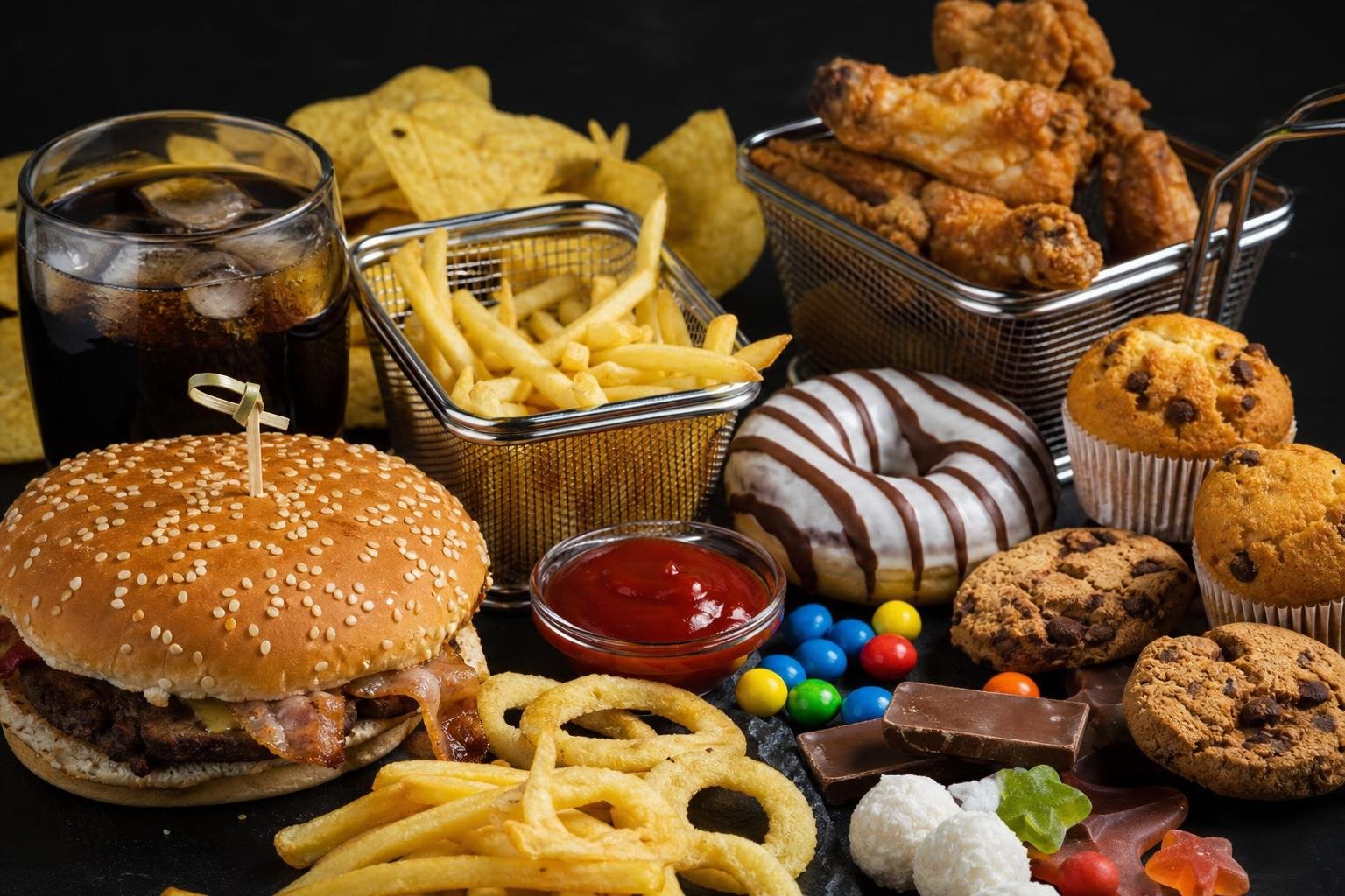 Hamburger gras avec frites, donuts et cookies variés, confiseries et sauce barbecue, boissons gazeuses sur un plateau. Alimentation pour prendre du muscle sans graisse.