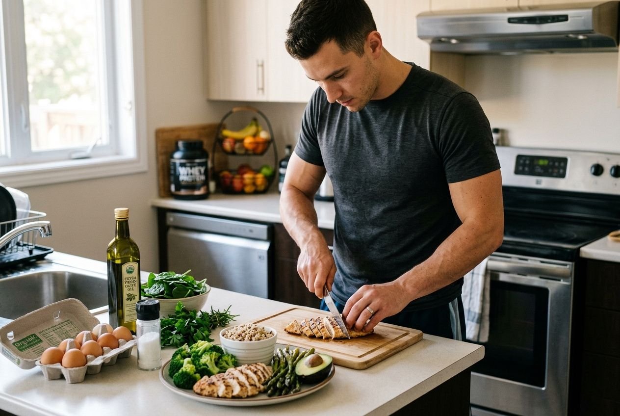 Homme en cuisine coupe des légumes sur plan de travail avec des aliments riches en protéines pour une alimentation pour prendre du muscle sans graisse.