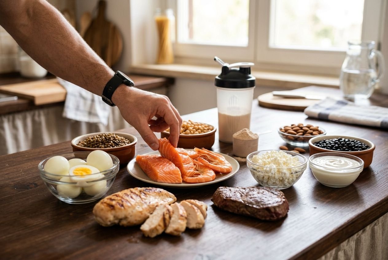Repas équilibré pour prise de muscle sans graisse: œufs, saumon, pains, yaourt, fruits secs et protéines en poudre sur table.